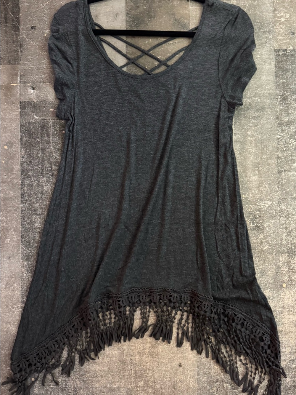 Women’s Charcoal Fringe-Hem Tunic with Crisscross Back